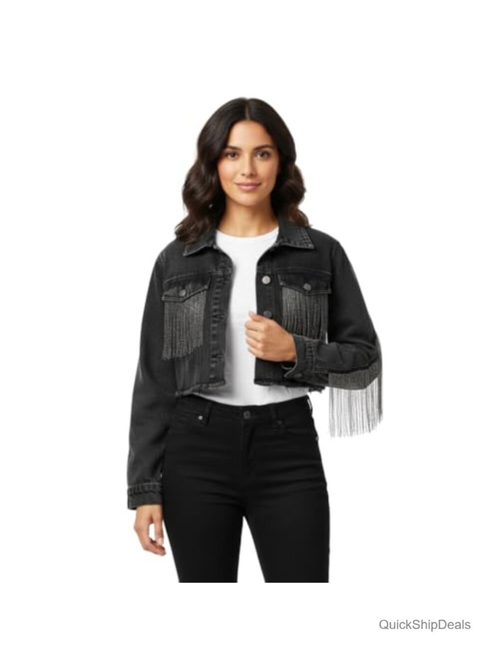 Fringe Cropped Denim Jacket Women Western Distressed Jean Jacket